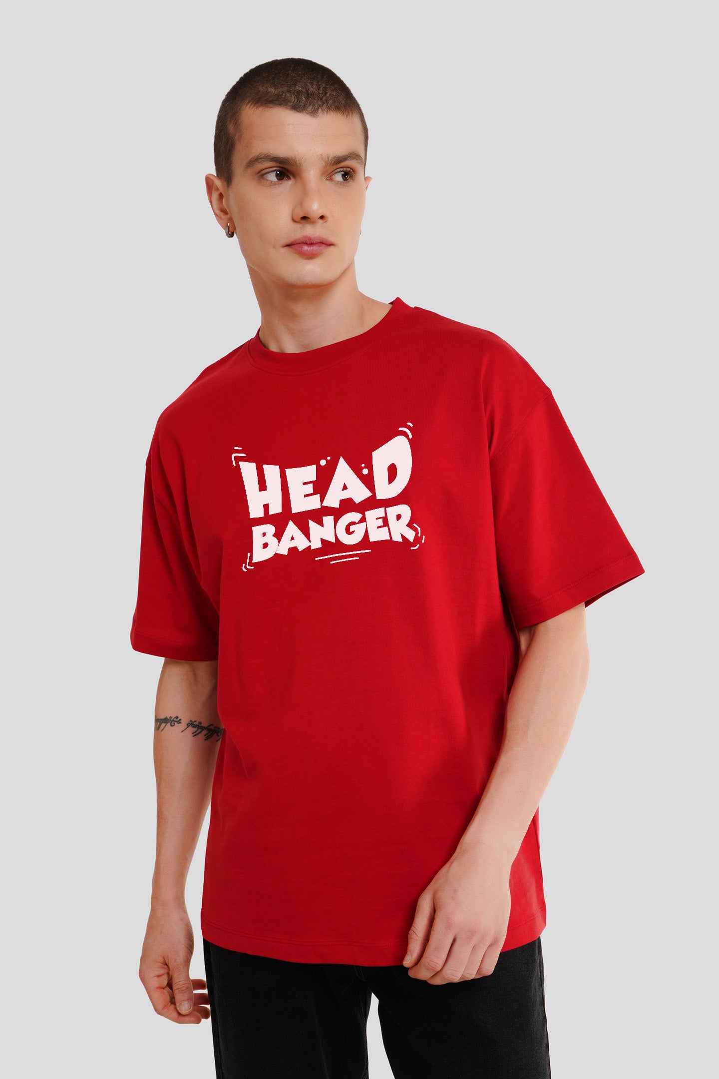 Head Banger Red Printed T-Shirt Men Oversized Fit