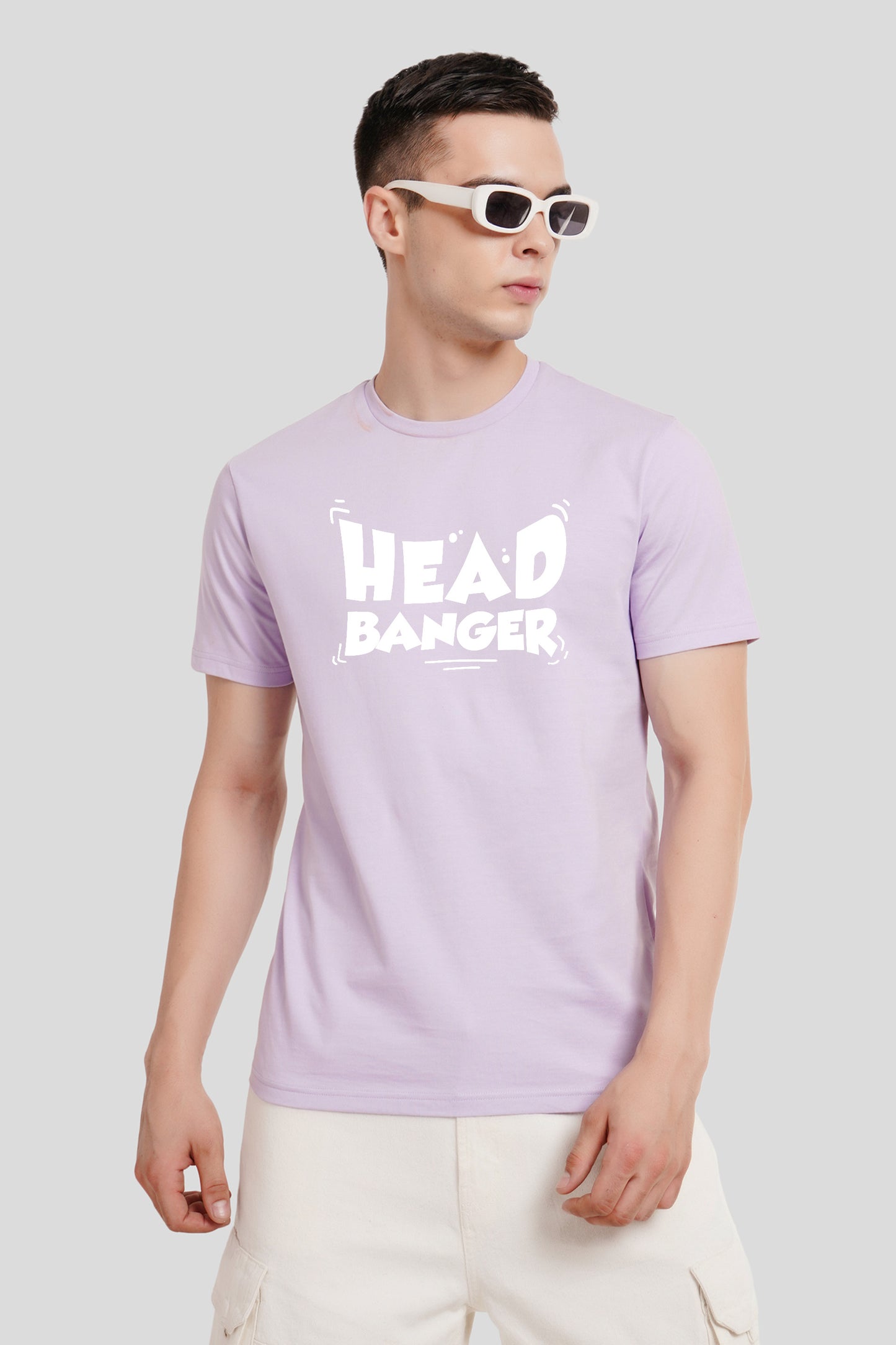 Head Banger Lilac Printed T Shirt Men Regular Fit With Front Design Pic 1