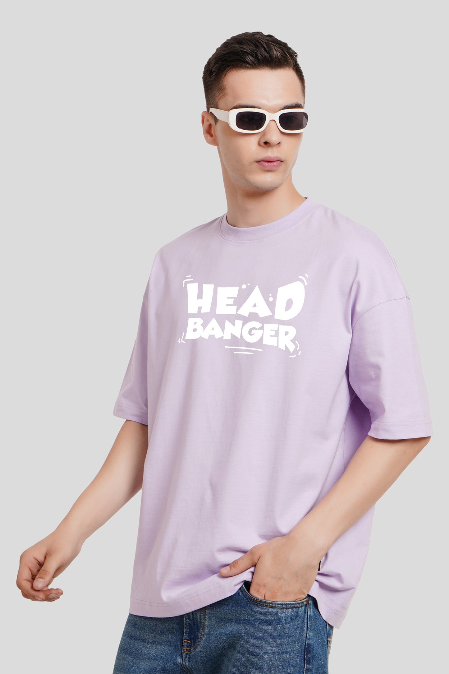 Head Banger Lilac Printed T Shirt Men Baggy Fit With Front Design Pic 1