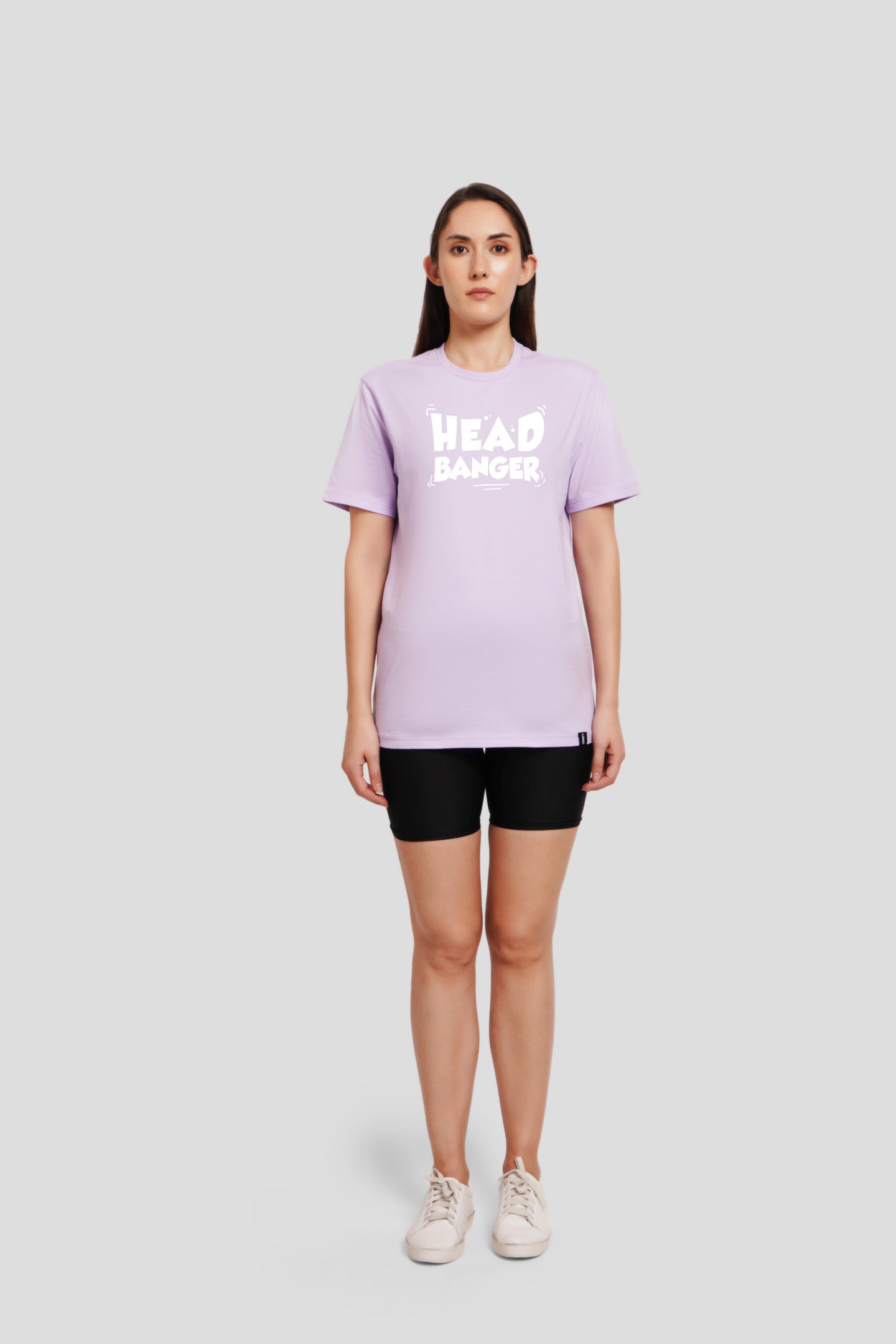 Head Banger Lilac Printed T Shirt Women Boyfriend Fit With Front Design Pic 1
