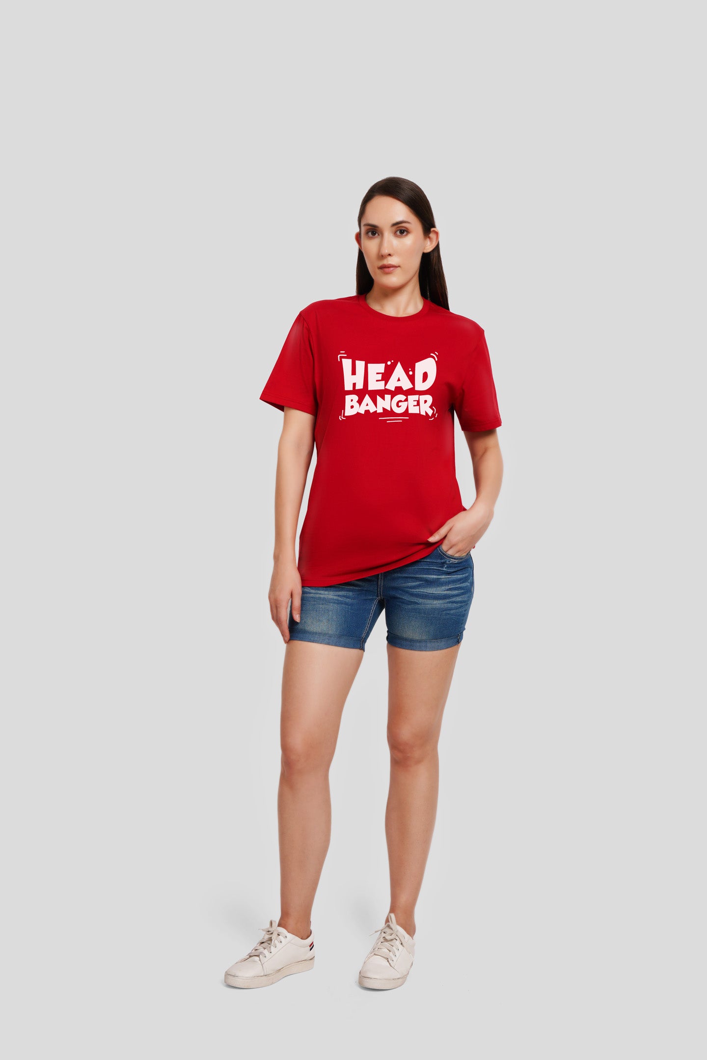 Head Banger Red Printed T Shirt Women Boyfriend Fit With Front Design Pic 3