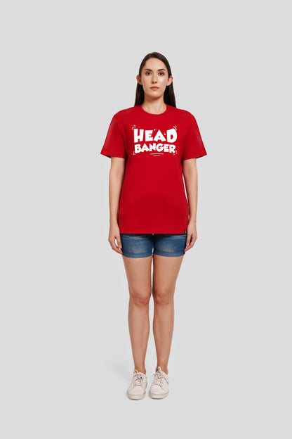 Head Banger Red Printed T Shirt Women Boyfriend Fit With Front Design Pic 1