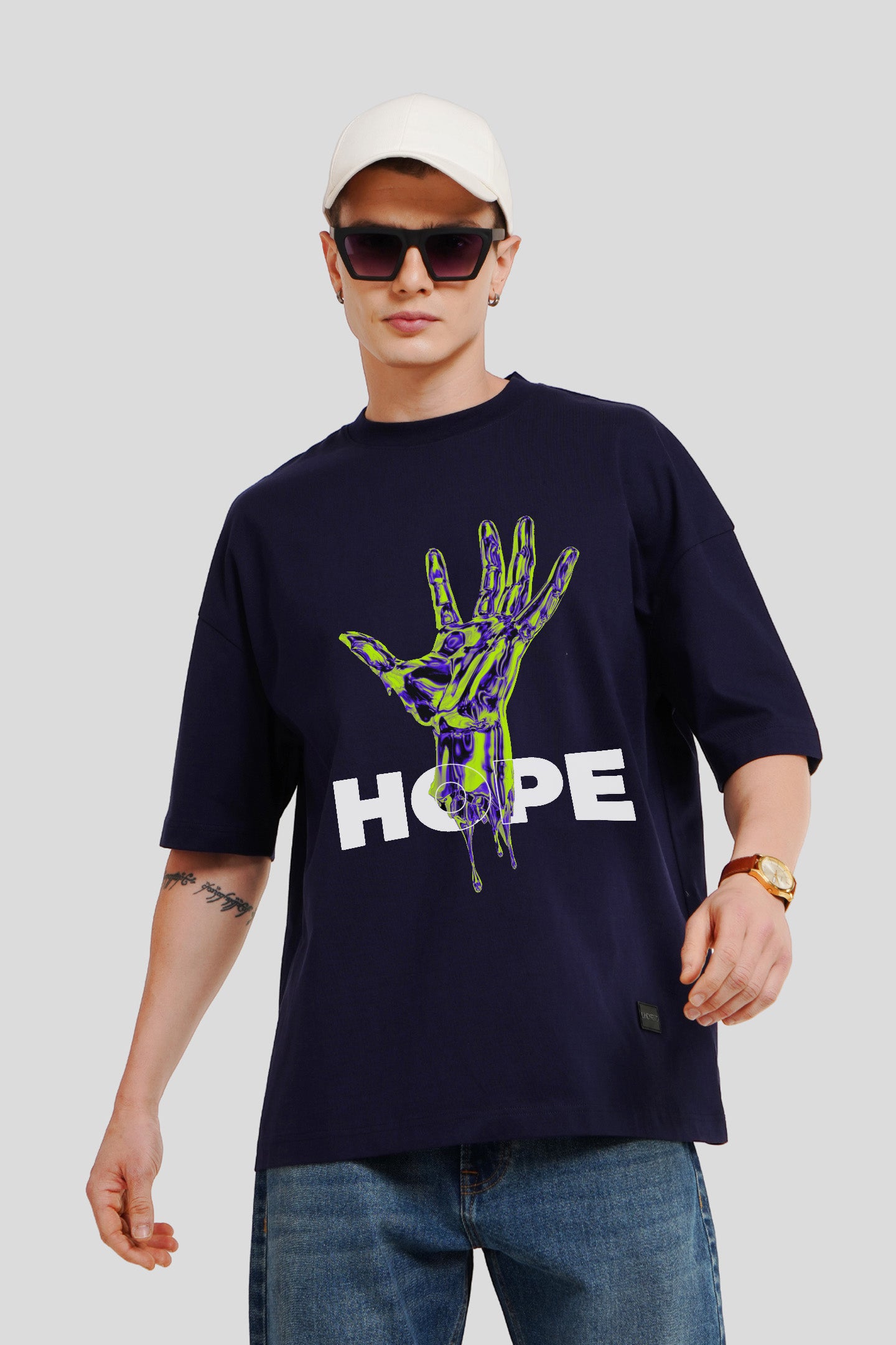 Hope Navy Blue Printed T Shirt Men Baggy Fit With Front Design Pic 1