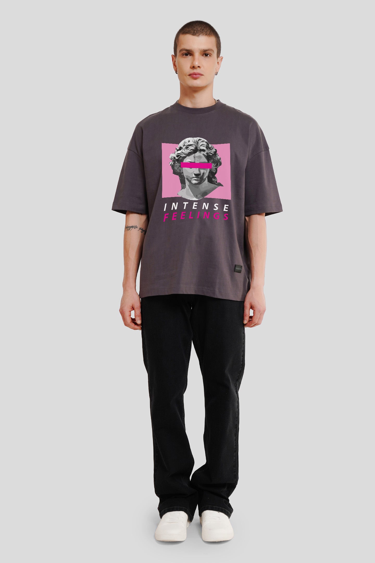 Intense Feelings Dark Grey Printed T Shirt Men Baggy Fit With Front Design Pic 3