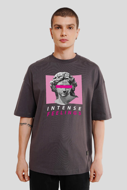 Intense Feelings Dark Grey Printed T Shirt Men Baggy Fit With Front Design Pic 1