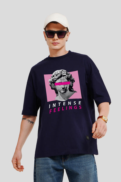 Intense Feelings Navy Blue Printed T Shirt Men Baggy Fit With Front Design Pic 1