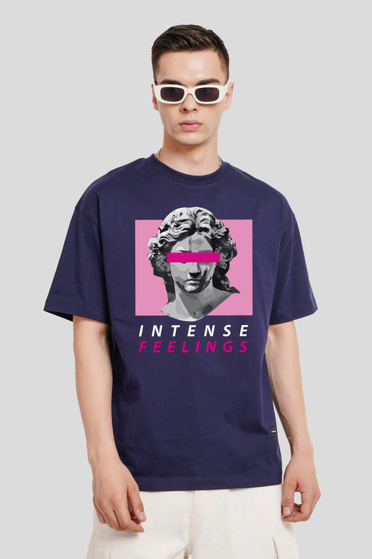 Intense Feelings Navy Blue Printed T-Shirt Men Oversized Fit