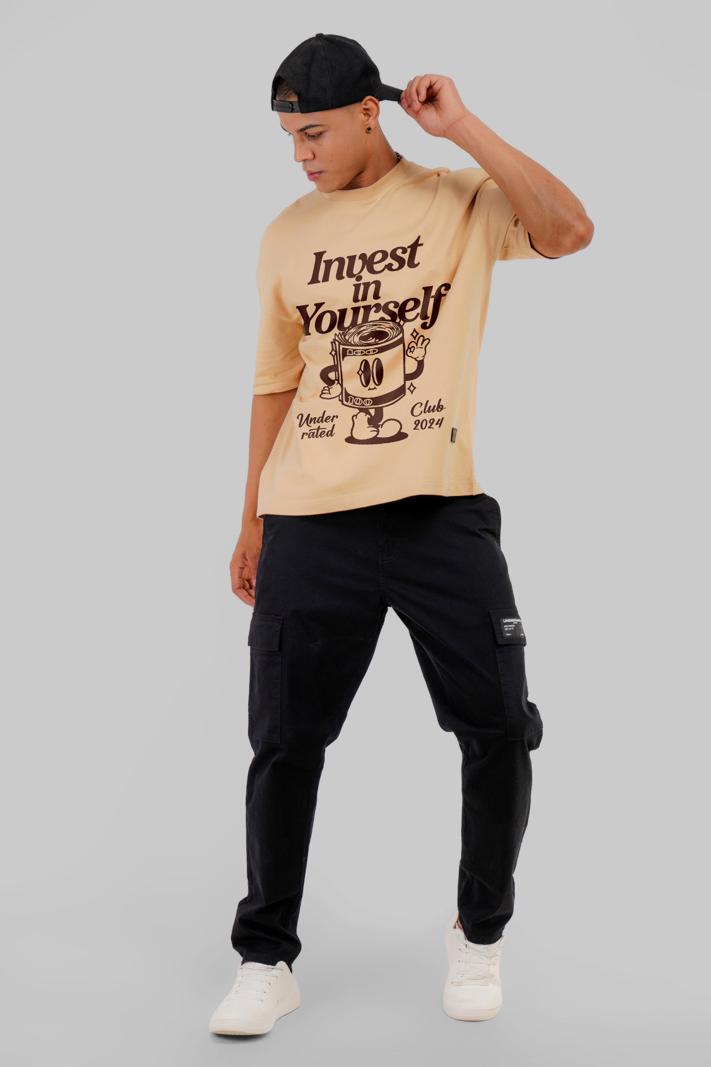 Invest In Yourself Beige Baggy Fit T-Shirt Men