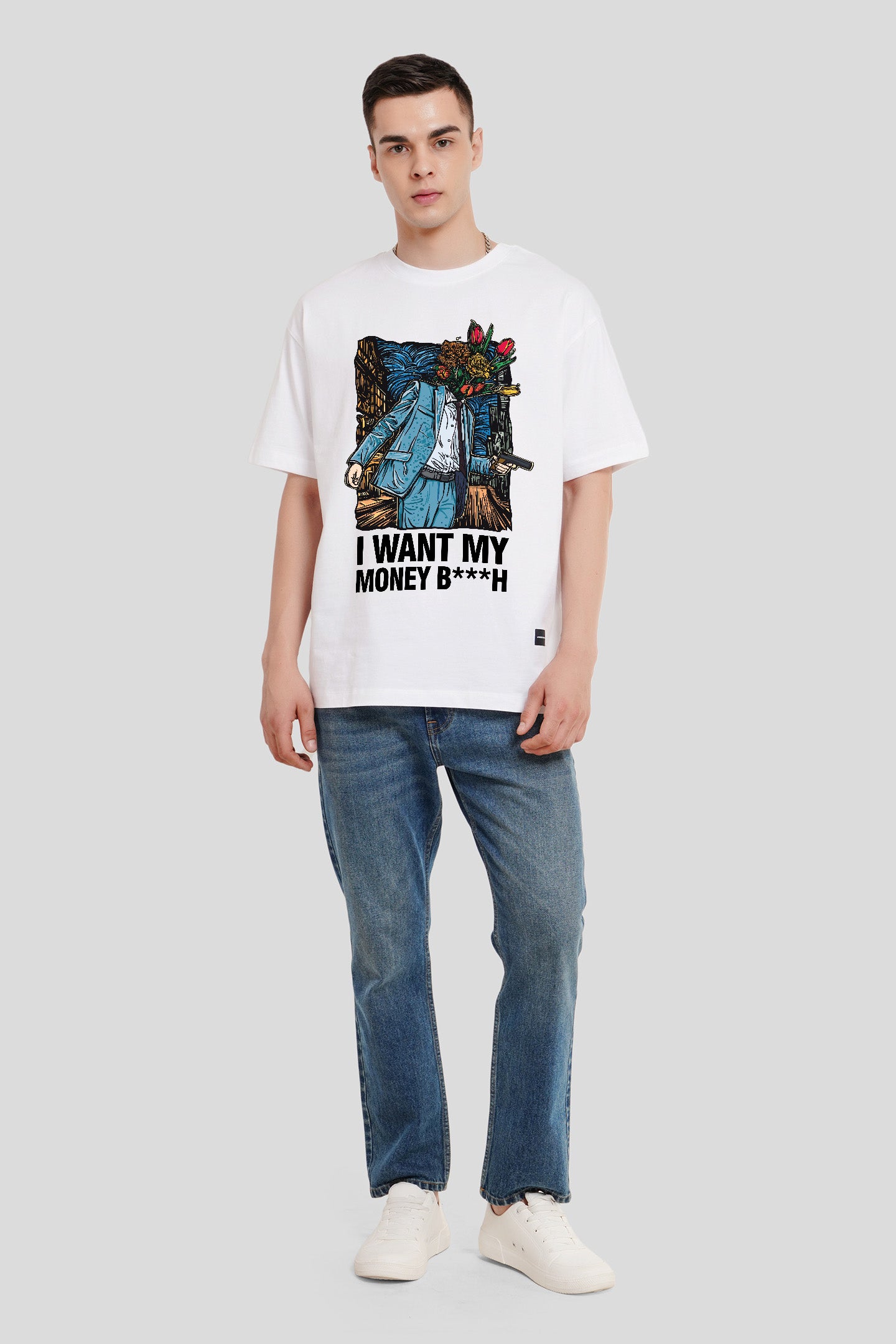 I Want My Money White Printed T Shirt Men Oversized Fit With Front Design Pic 4