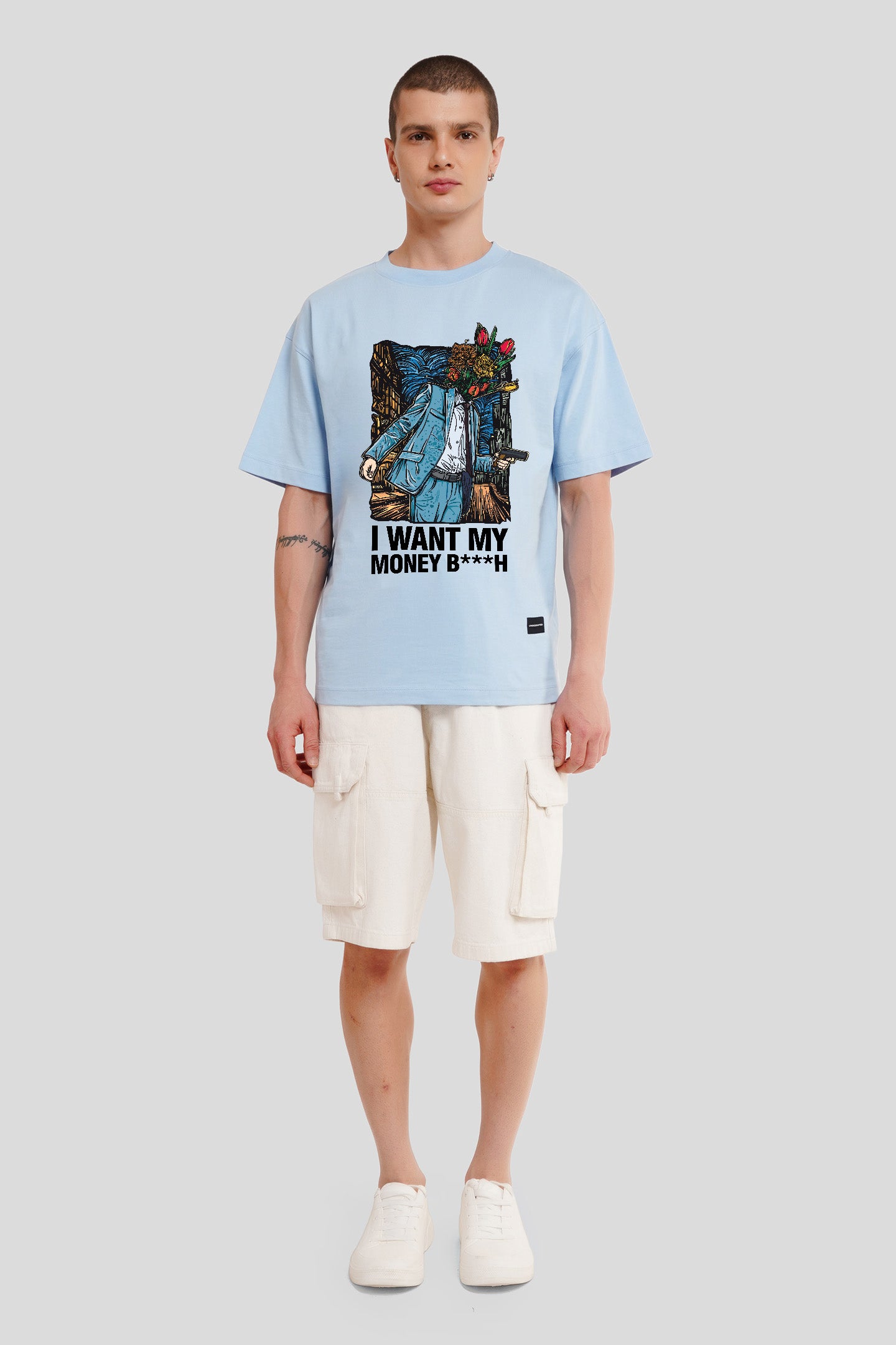 I Want My Money Powder Blue Printed T Shirt Men Oversized Fit With Front Design Pic 1