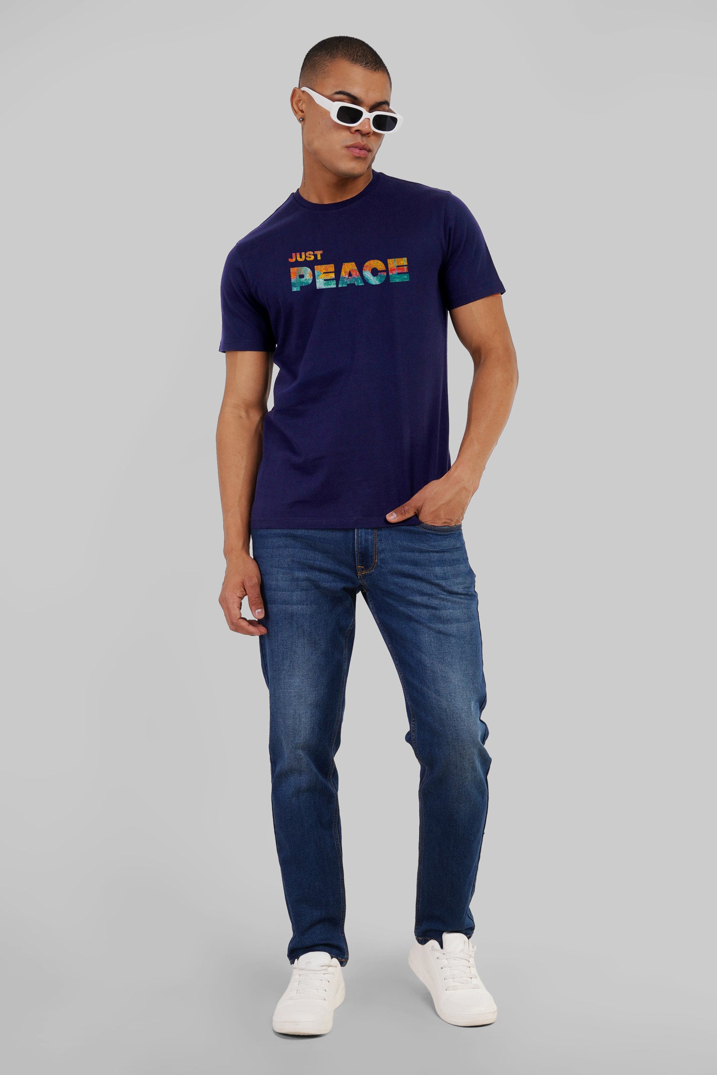 Just Peace Navy Blue Regular Fit T-Shirt Men