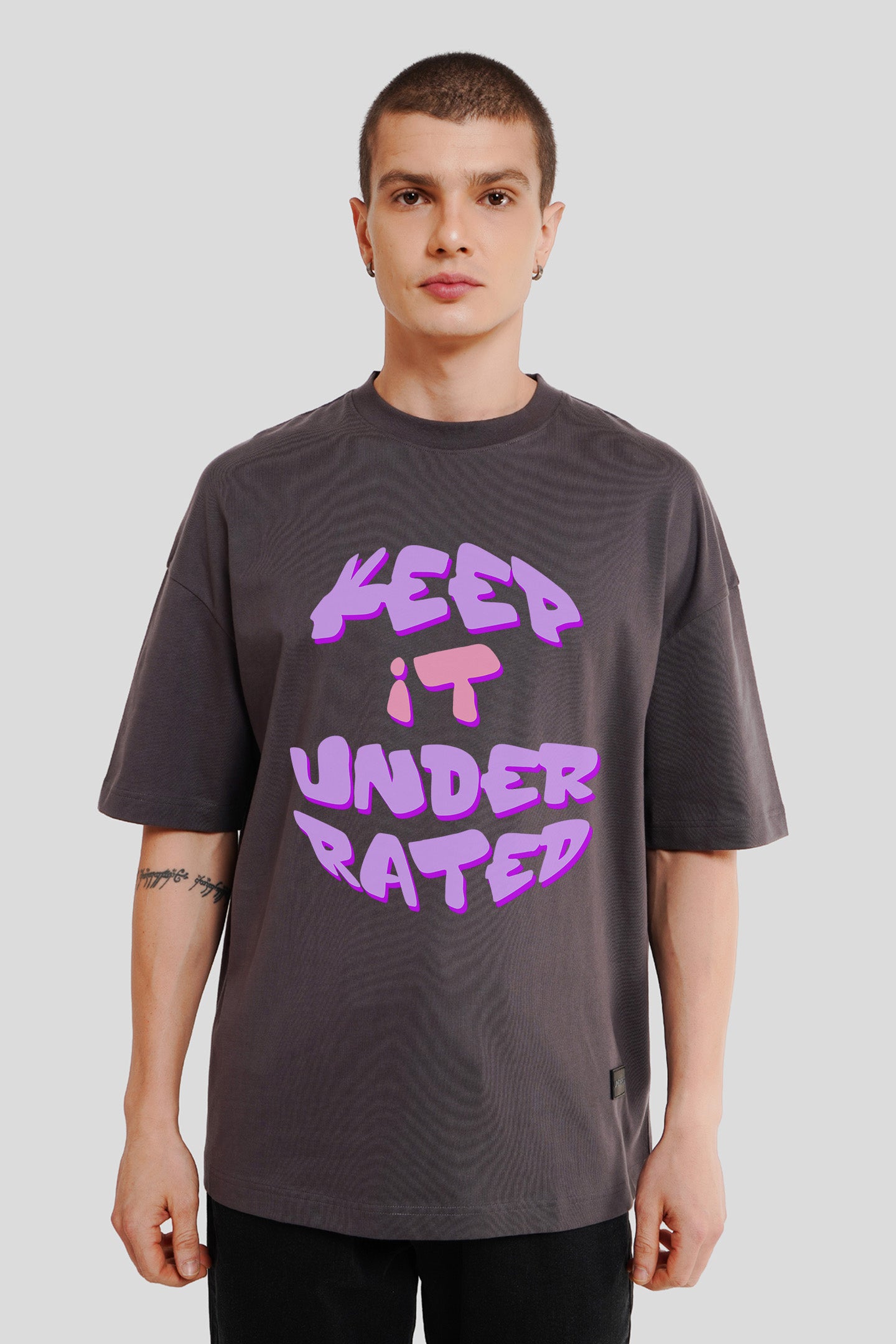 Keep It Underrated Dark Grey Printed T Shirt Men Baggy Fit With Front Design Pic 1