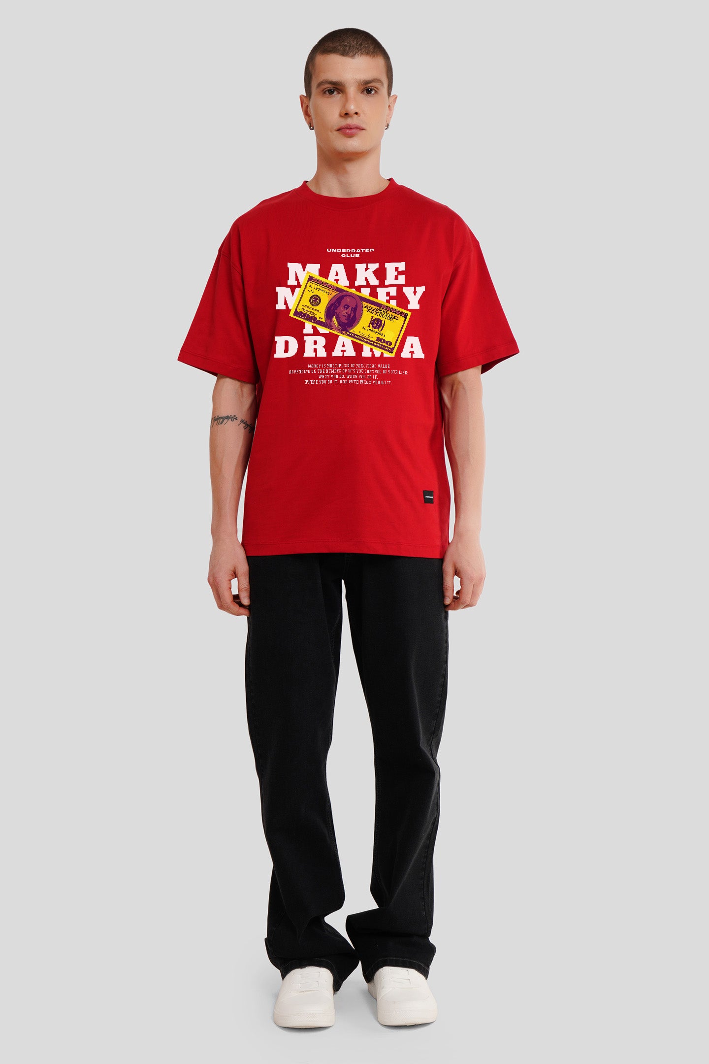 Make Money Not Drama Red Printed T-Shirt Men Oversized Fit