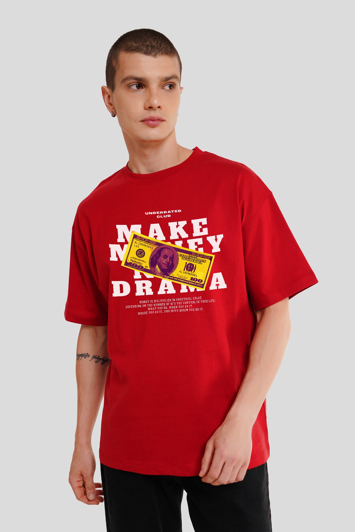 Make Money Not Drama Red Printed T-Shirt Men Oversized Fit