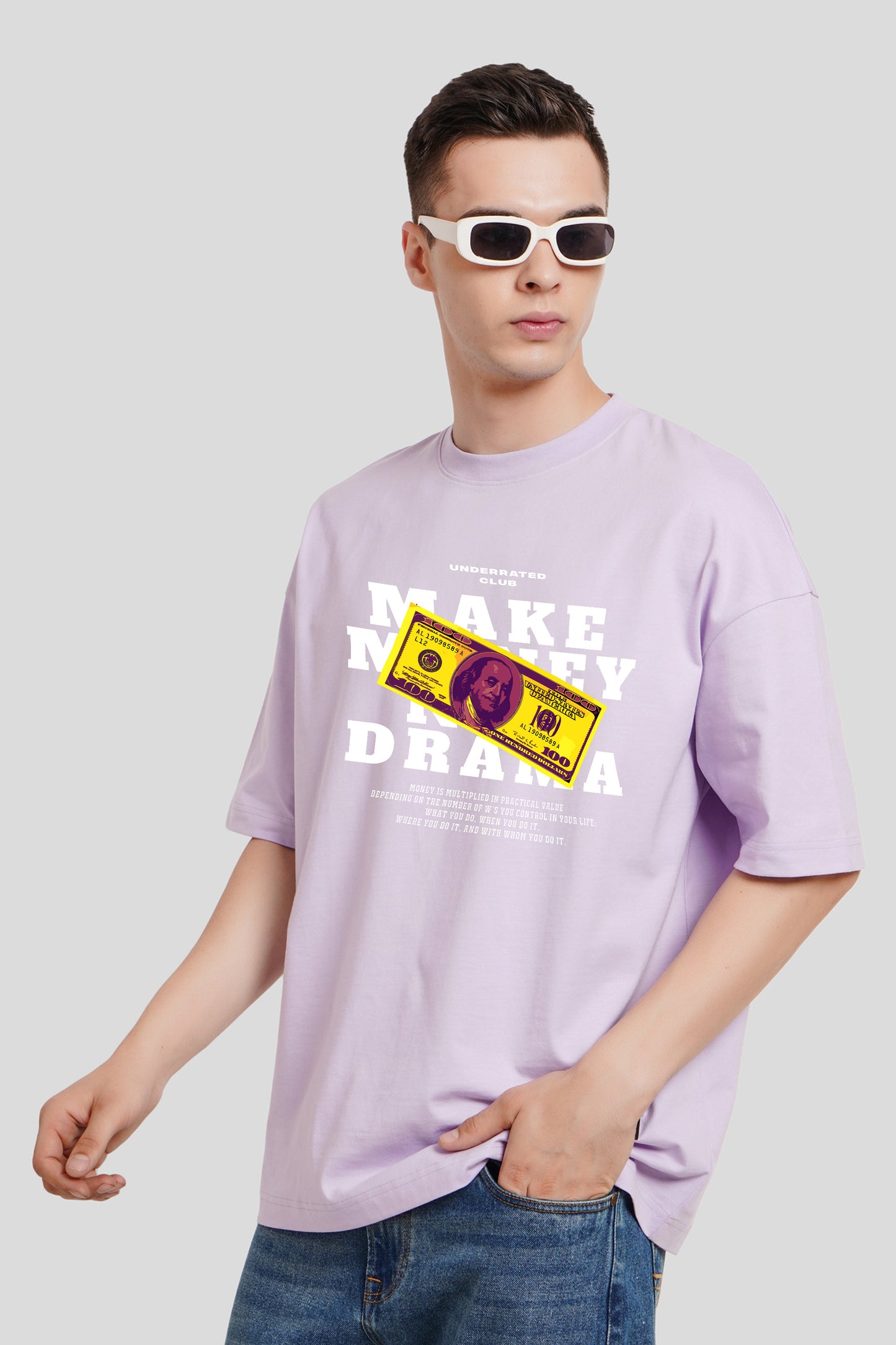 Make Money Not Drama Lilac Printed T Shirt Men Baggy Fit With Front Design Pic 1