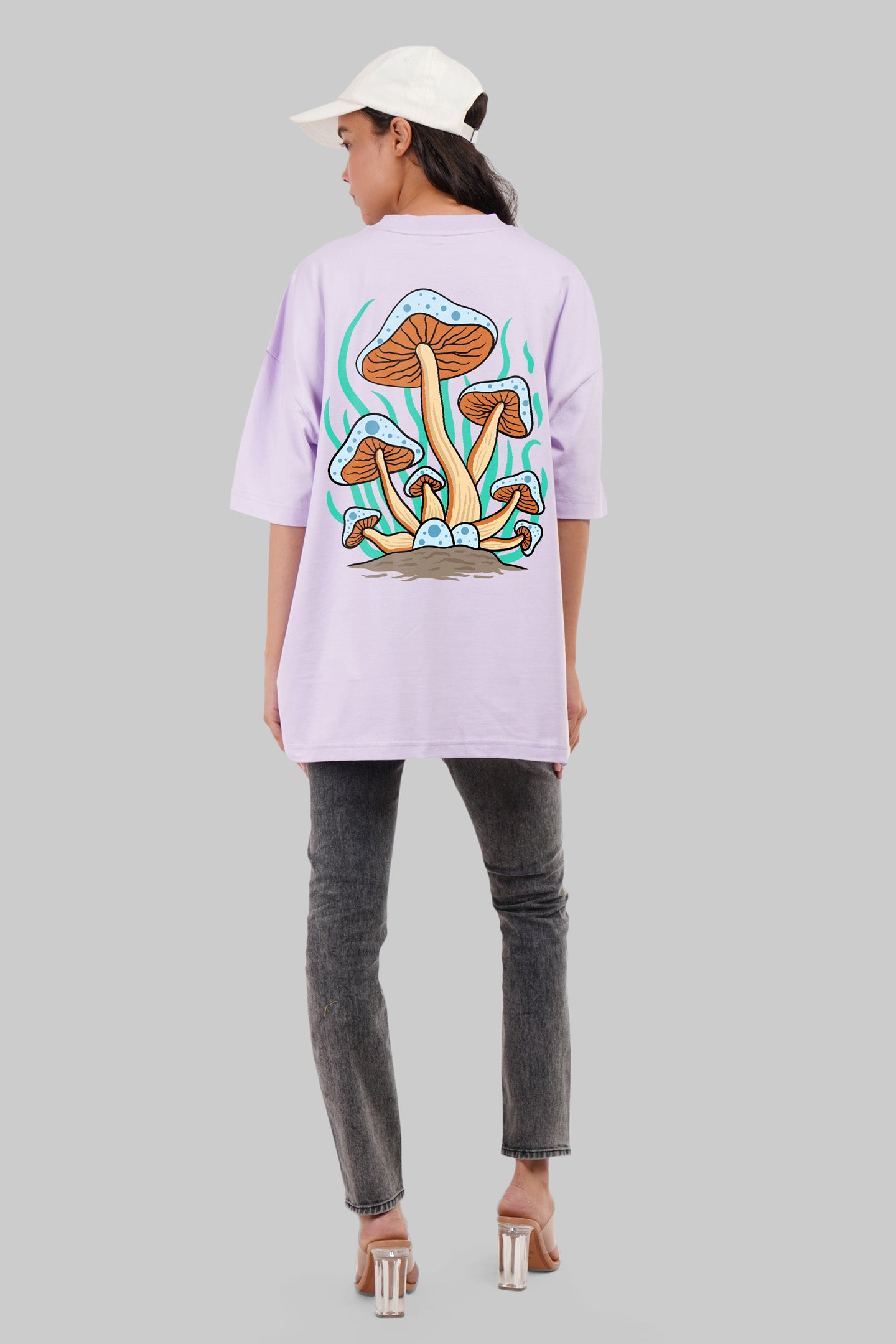 Mushrooms Print Lavender Baggy Fit T-Shirt Women Pic 4