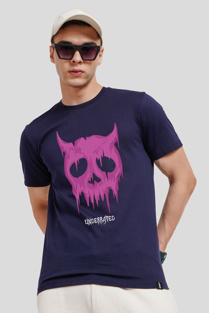 Melting Skull Navy Blue Printed T Shirt Men Regular Fit With Front Design Pic 1