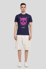 Melting Skull Navy Blue Printed T Shirt Men Regular Fit With Front Design Pic 4