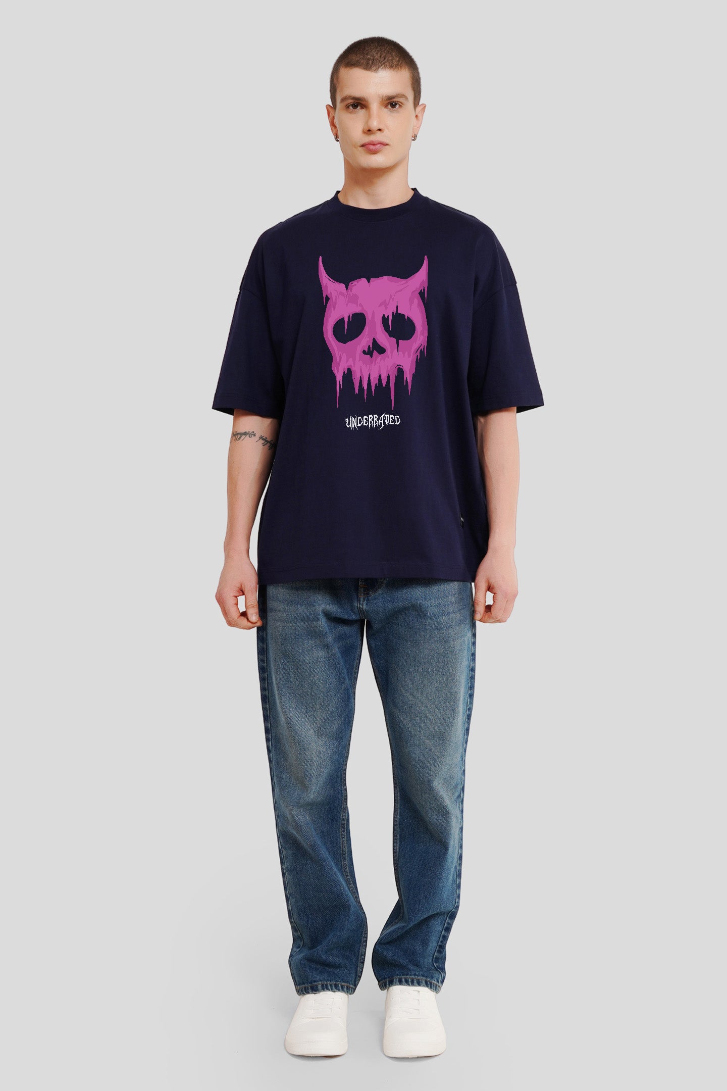 Melting Skull Navy Blue Printed T-Shirt Men Baggy Fit