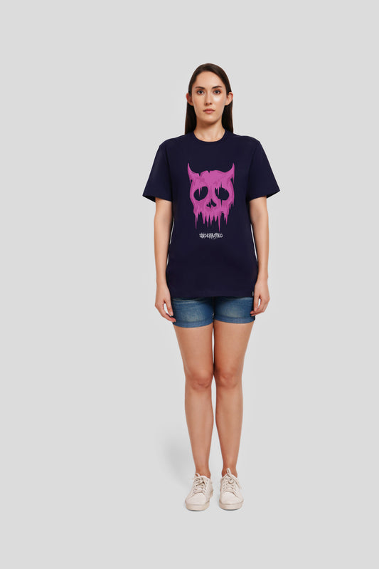 Melting Skull Navy Blue Printed T-Shirt