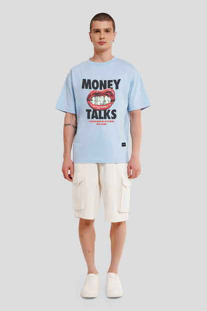 Money Talks Powder Blue Printed T Shirt Men Oversized Fit With Front Design Pic 1