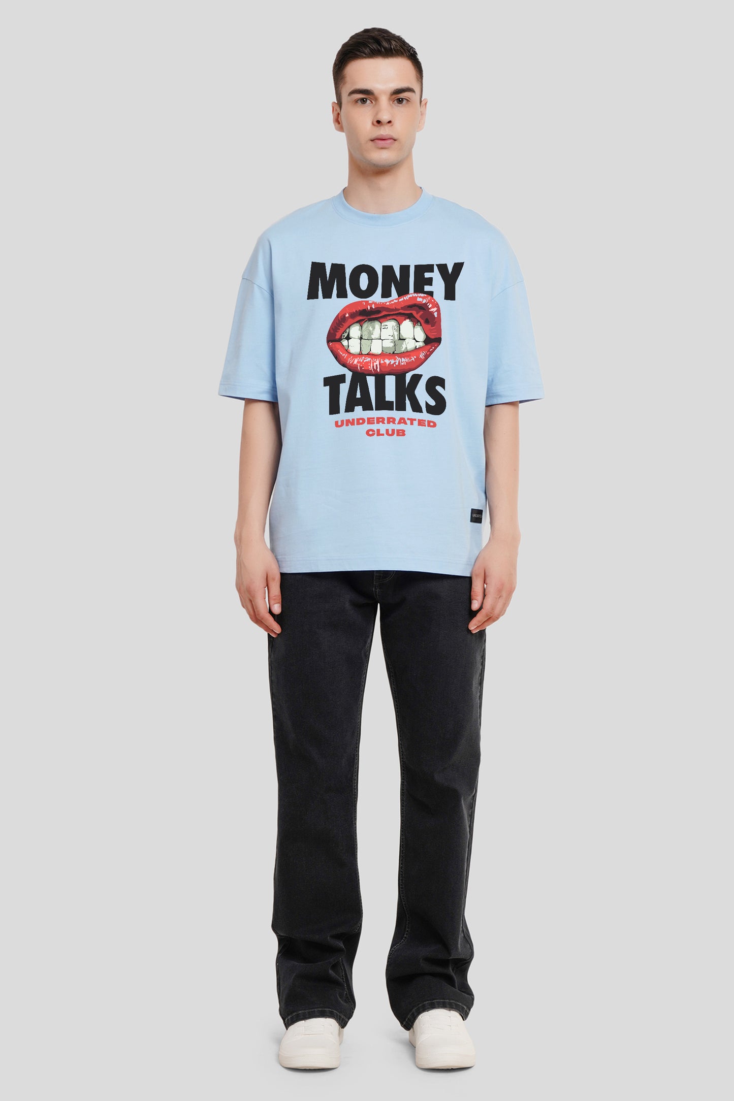 Money Talks Powder Blue Printed T-Shirt