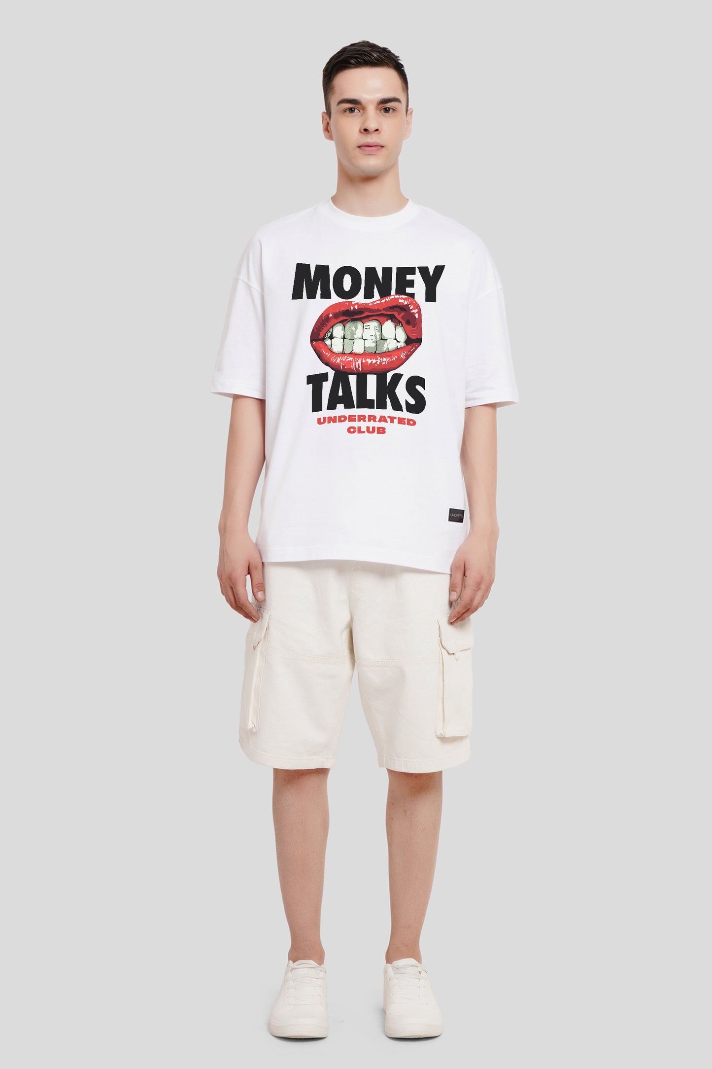 Money Talks White Printed T Shirt Men Baggy Fit With Front Design Pic 1