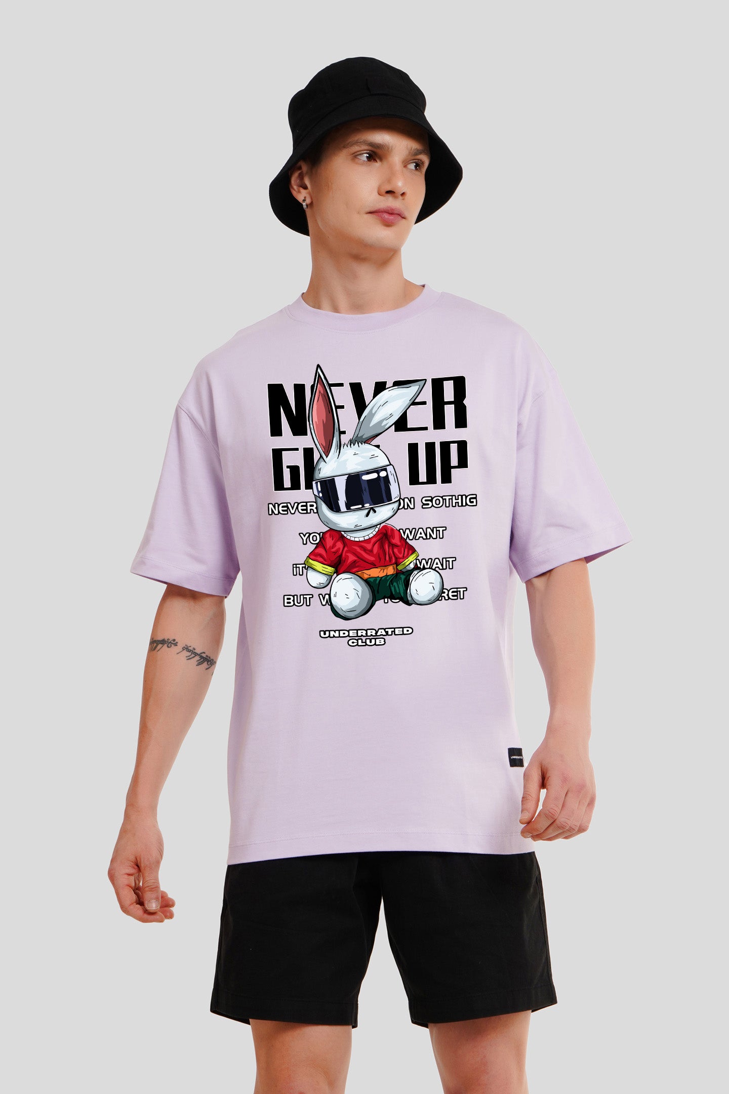 Never Give Up Lilac Printed T Shirt Men Oversized Fit With Front Design Pic 1
