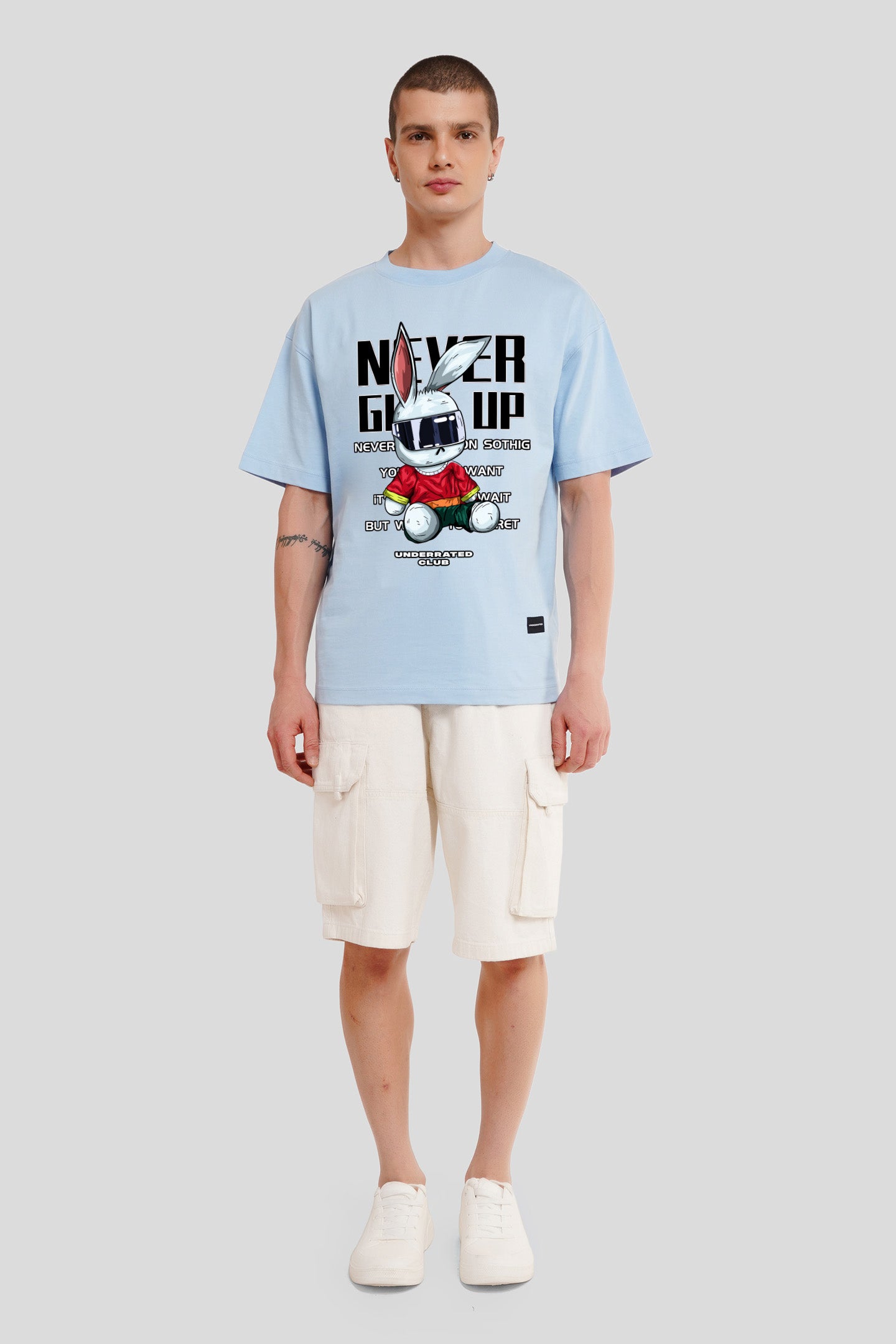 Never Give Up Powder Blue Printed T Shirt Men Oversized Fit With Front Design Pic 1