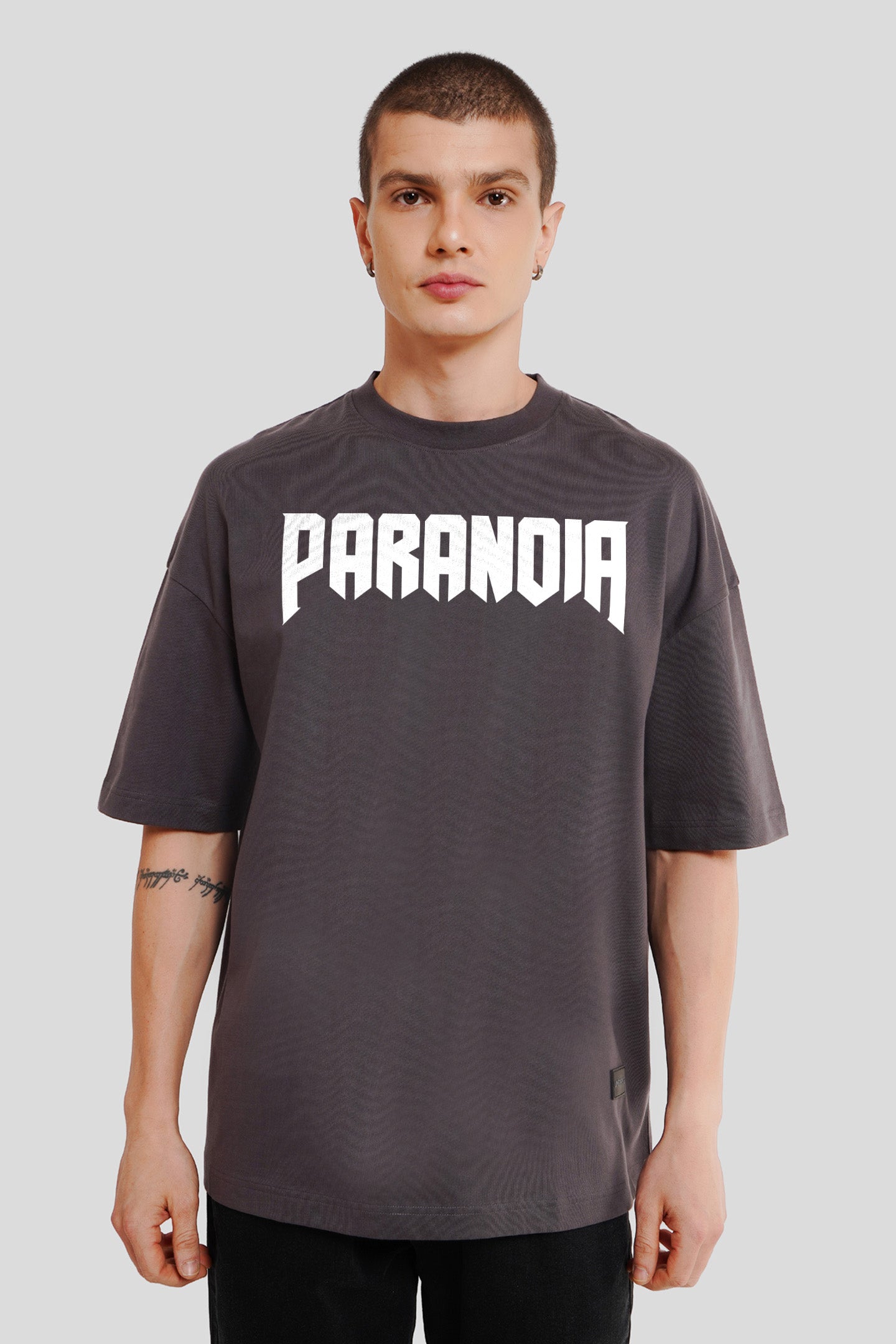 Paranoia Dark Grey Printed T Shirt Men Baggy Fit With Front And Back Design Pic 1