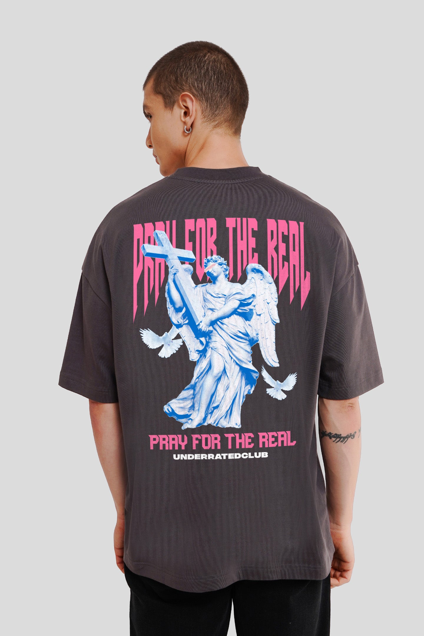 Pray For The Real Dark Grey Printed T Shirt Men Baggy Fit Pic 1