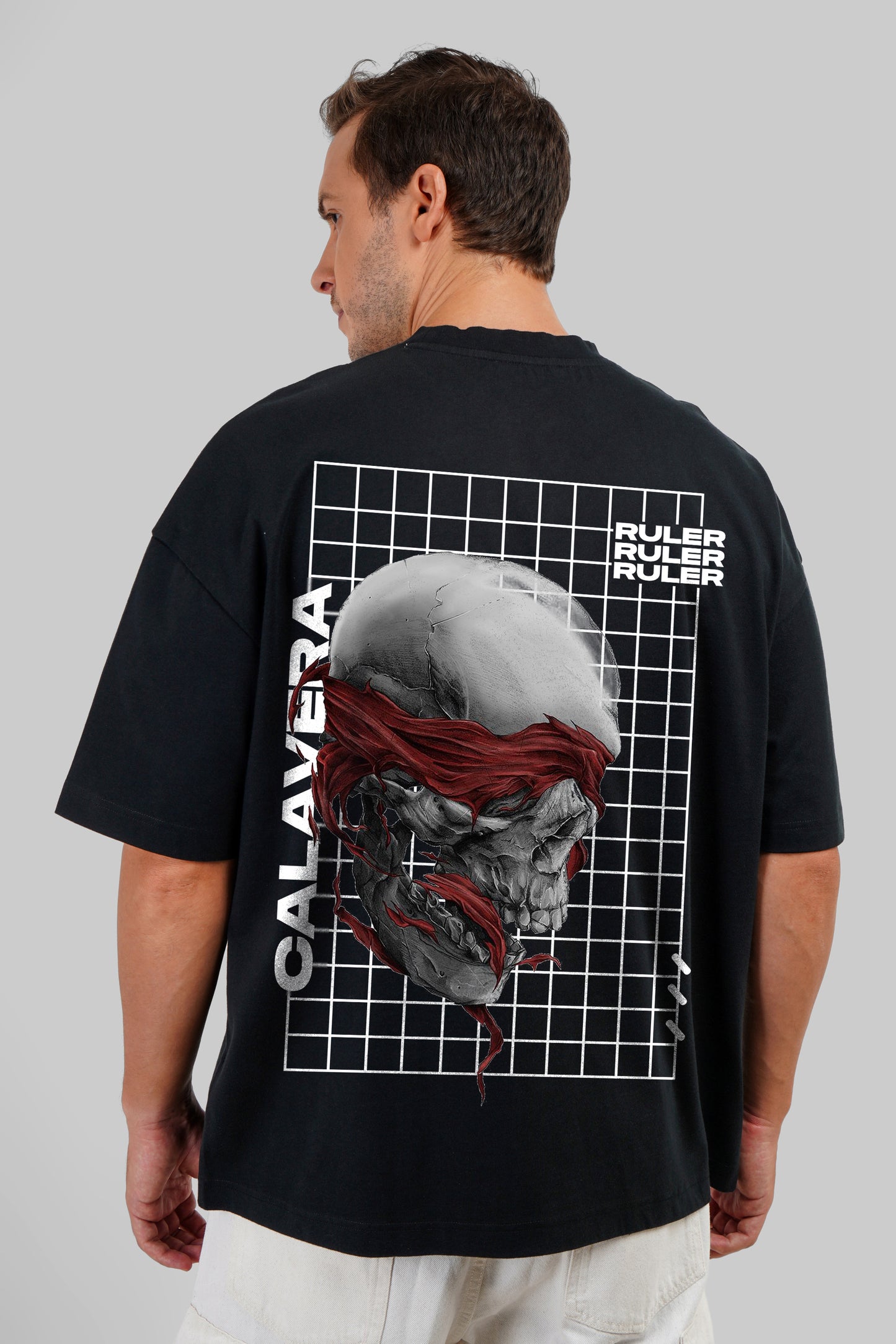 Calavera Ruler Black Printed T-Shirt Men Baggy Fit