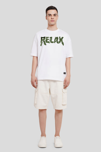 Relax White Printed T Shirt Men Baggy Fit With Front And Back Design Pic 4