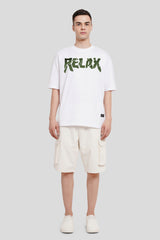 Relax White Printed T Shirt Men Baggy Fit With Front And Back Design Pic 4