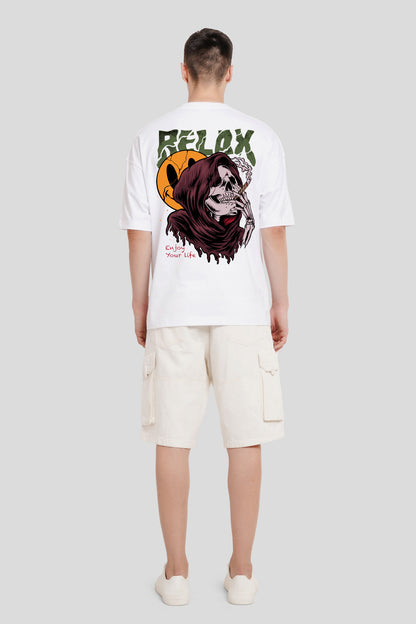 Relax White Printed T Shirt Men Baggy Fit With Front And Back Design Pic 5