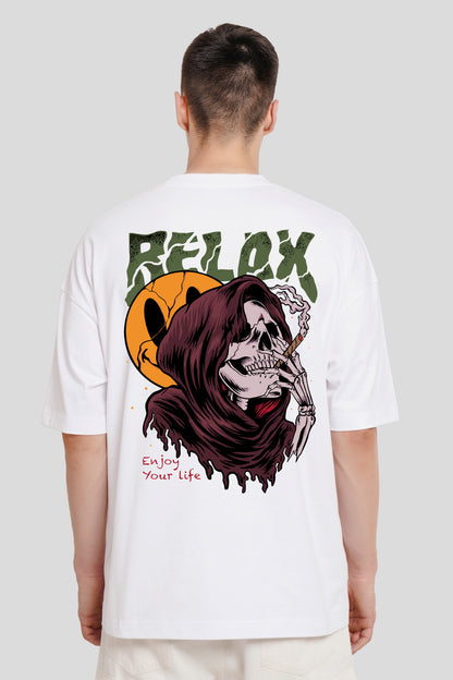 Relax White Printed T Shirt Men Baggy Fit With Front And Back Design Pic 2