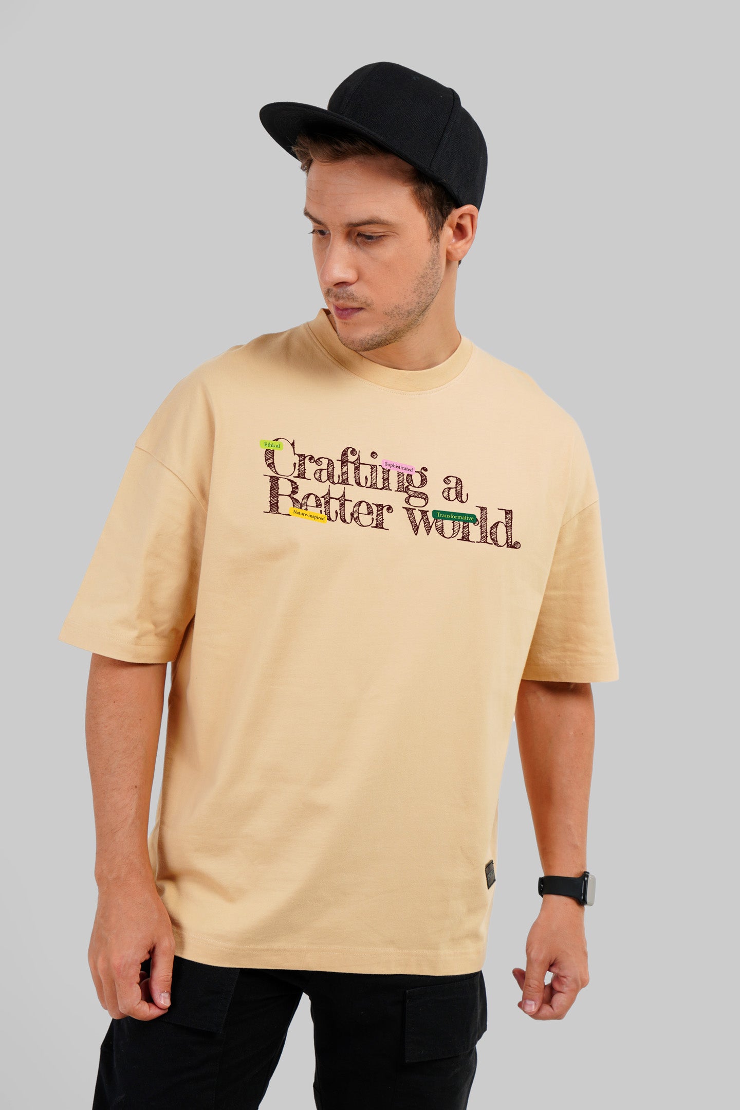 Better World Typographic Beige Baggy Fit T-Shirt Men Pic 1