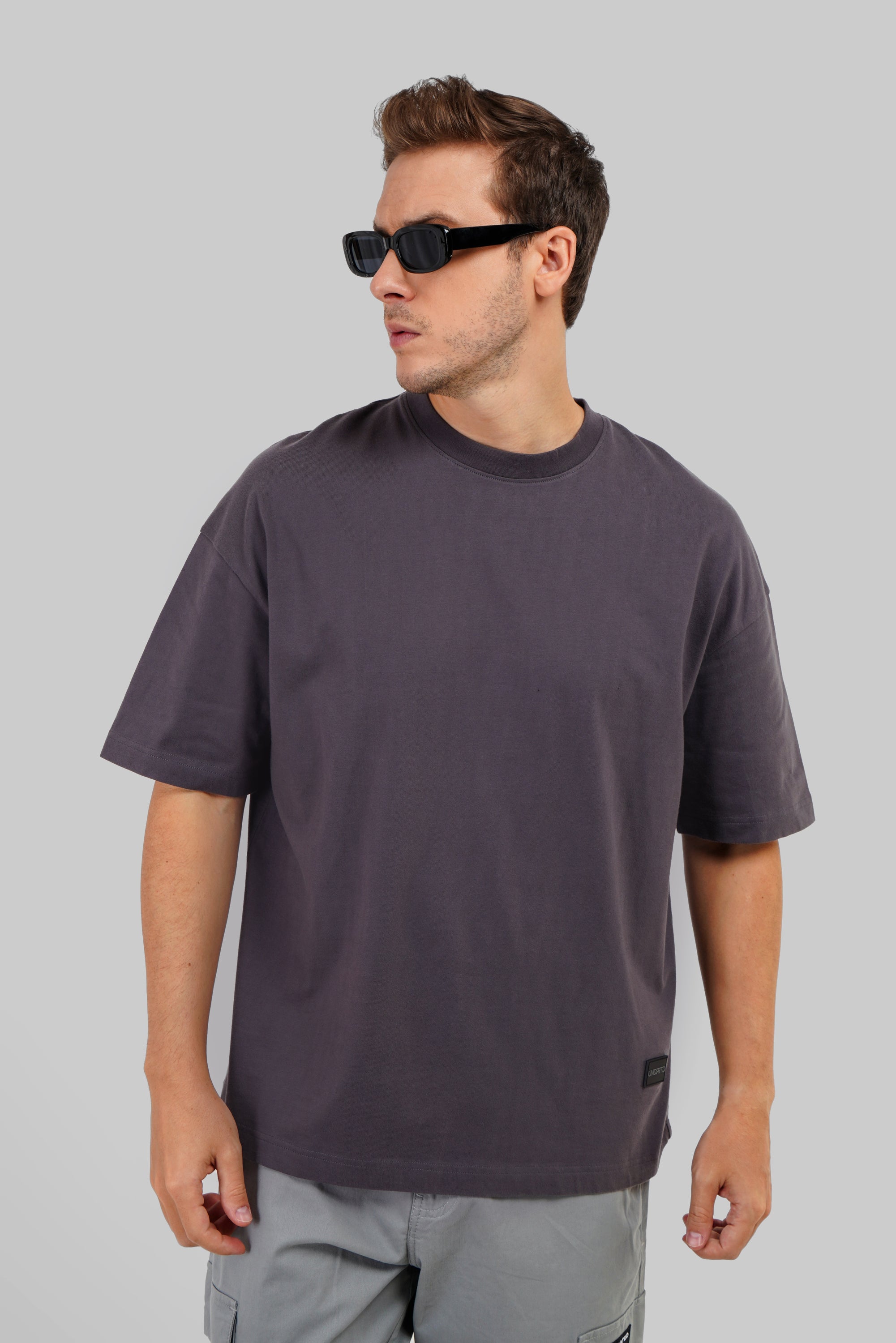 Shop Solid Dark Grey Half Sleeves T Shirt For Men Baggy Fit