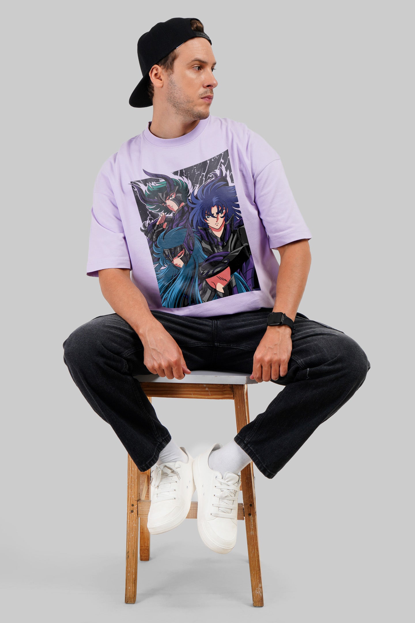 Anime Squad Lavender Baggy Fit T-Shirt Men Pic 2