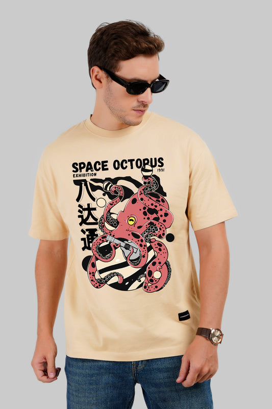 Space Octopus Beige Oversized Fit T-Shirt Men