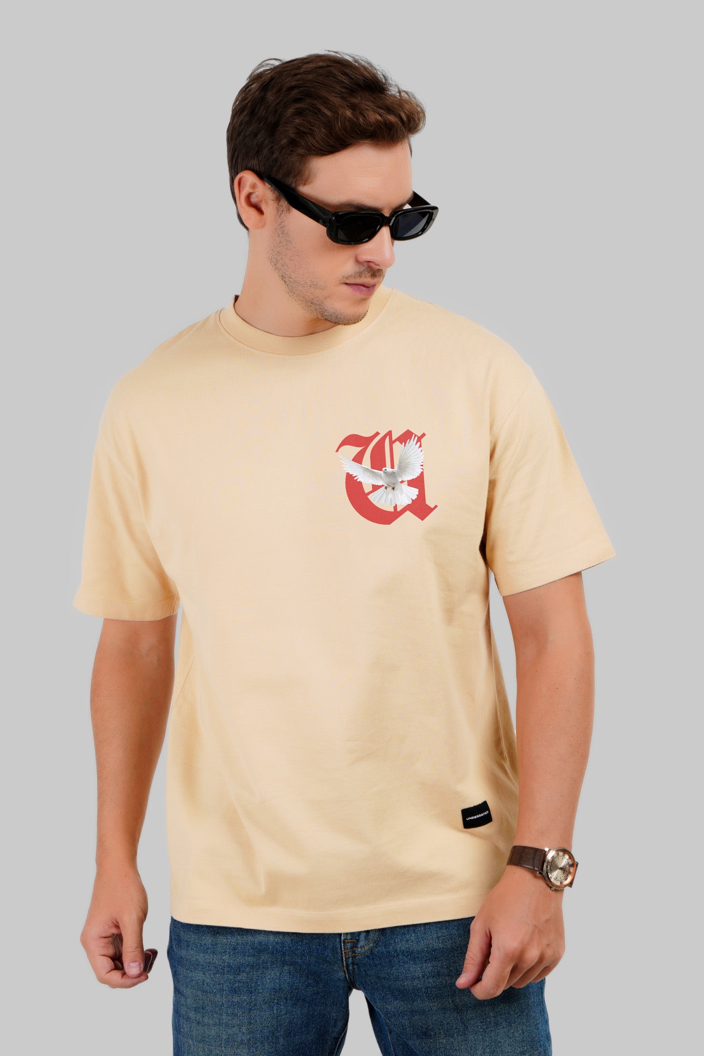 Flying Pigeon Beige Oversized Fit T-Shirt Men