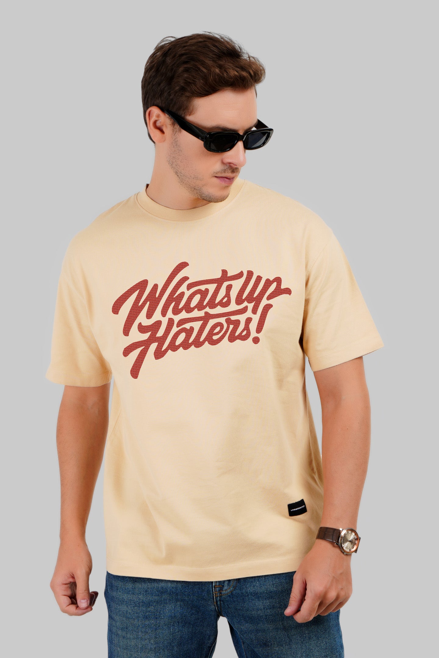 What's Up Haters Beige Oversized Fit T-Shirt Men Pic 3