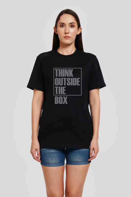 Think Outside The Box Black Printed T Shirt Women Boyfriend Fit With Front Design Pic 1