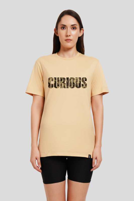 Curious Beige Printed T Shirt Women Boyfriend Fit With Front Design Pic 1