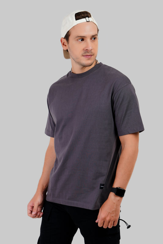 Solid Dark Grey Half Sleeves T-Shirt For Men Oversized Fit Pic 1