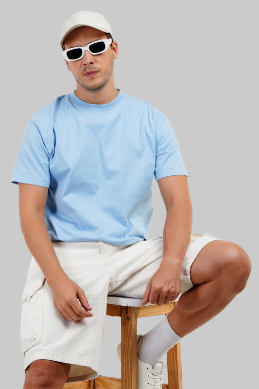 Solid Powder Blue Half Sleeves T-Shirt For Men Oversized Fit Pic 1