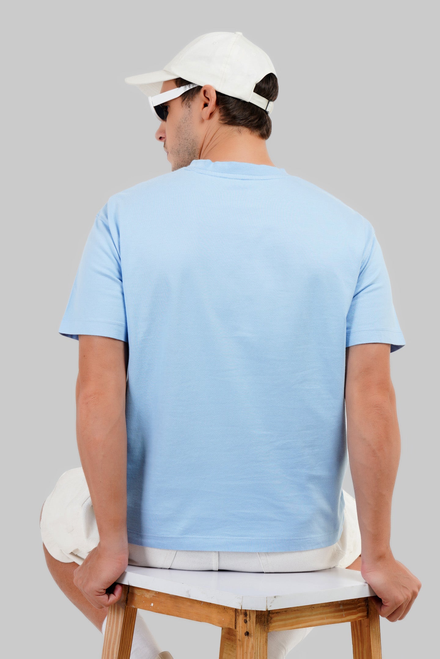 Shh! Typographic Print Sky Blue Oversized Fit T-Shirt Men Pic 2