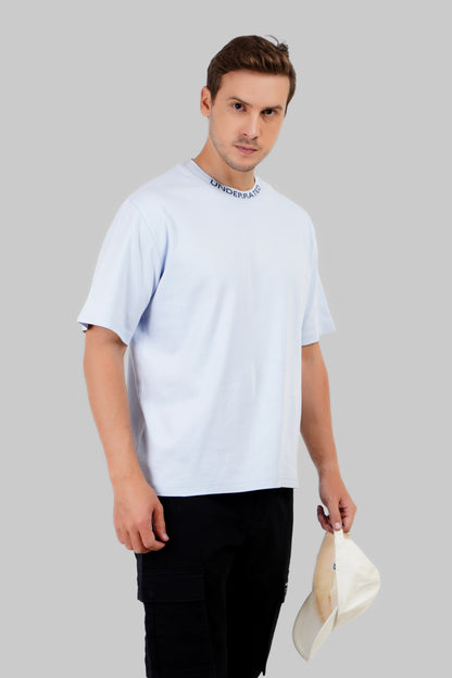 Powder Blue Neck Logo Print Oversized T-Shirt For Men