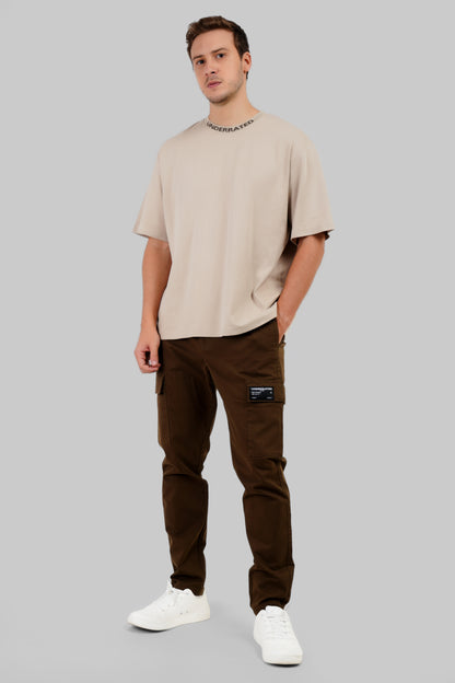 Beige Neck Logo Print Oversized T-Shirt For Men