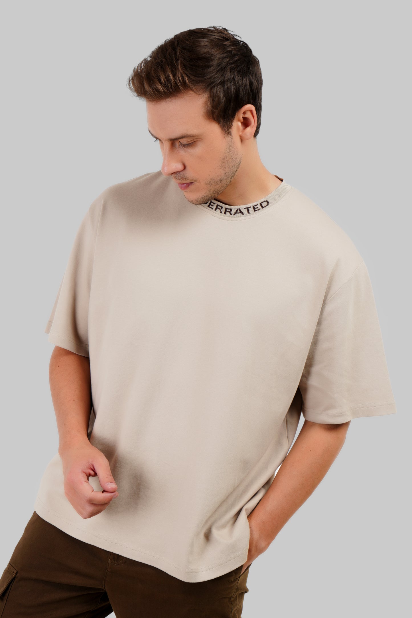 Beige Neck Logo Print Oversized T-Shirt For Men